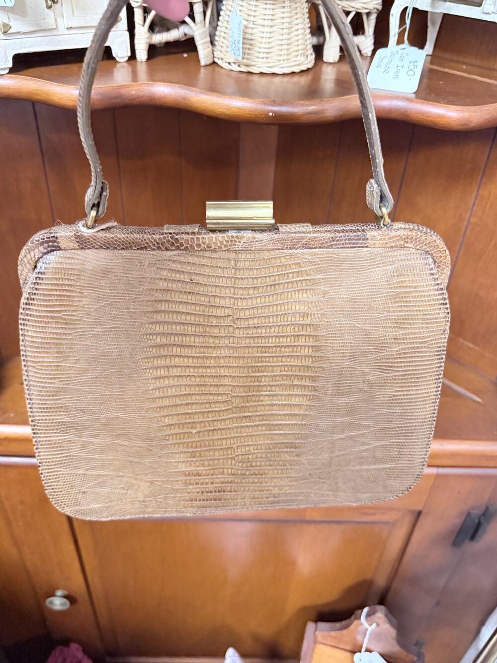 Deadstock 1950s Palizzio New York Genuine Lizard Skin Handbag | Honey Tan